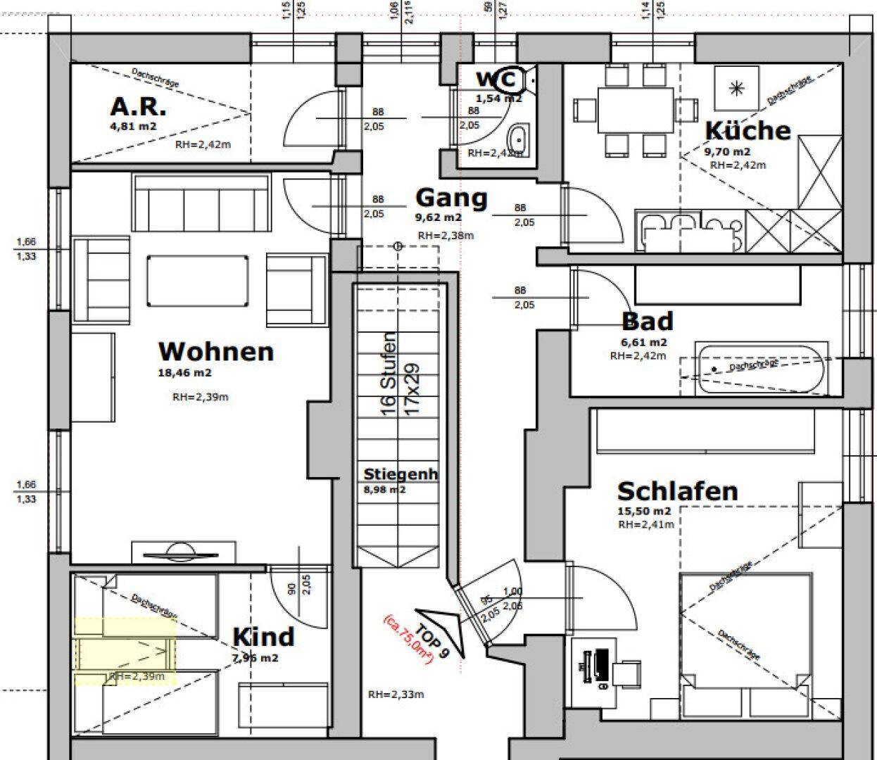 Einteilungsplan Wohnung Top 9 - 2. OG