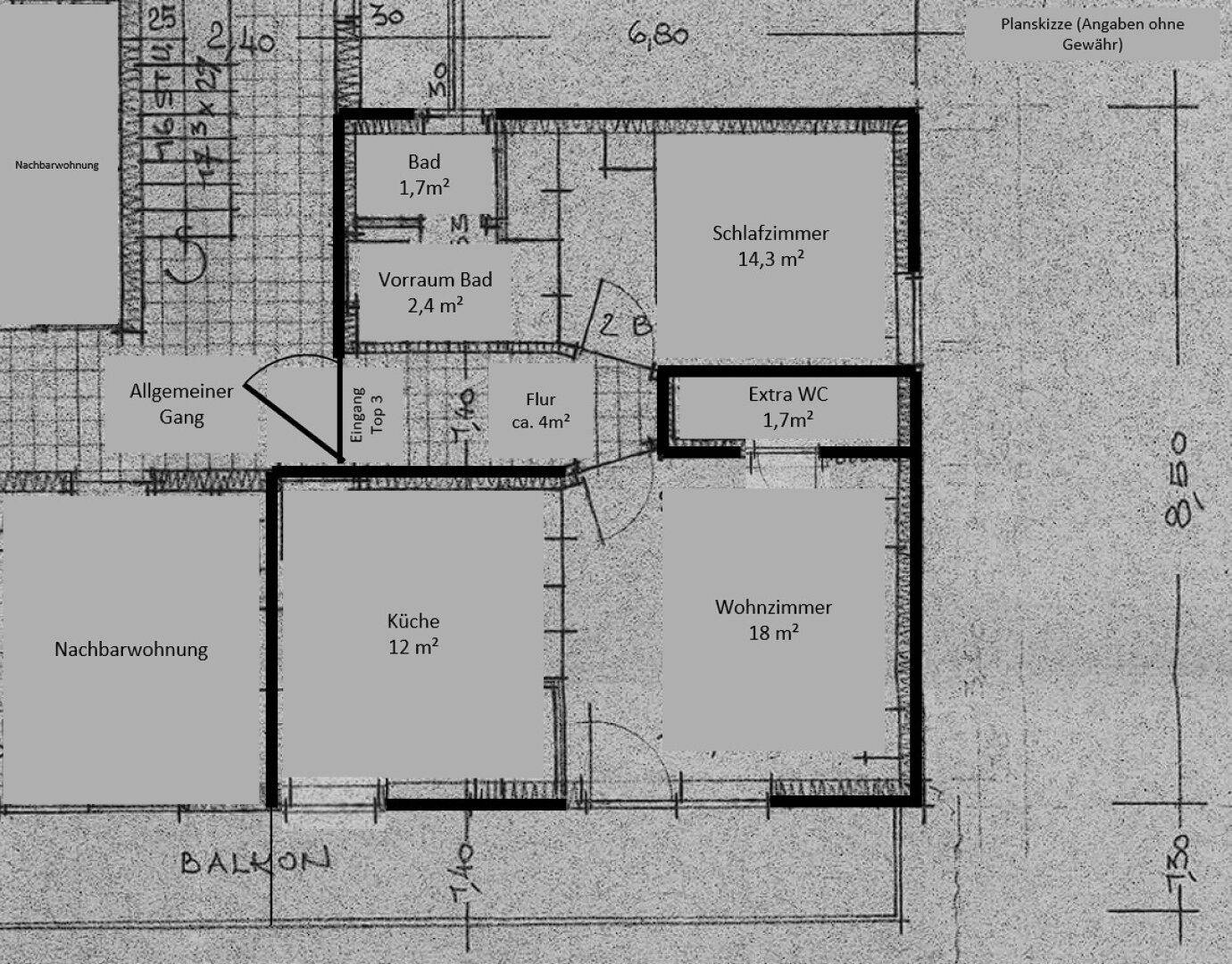 Planskizze Wohnung EG mit 2 Zimmern, 2 Bädern und 1 Balkon