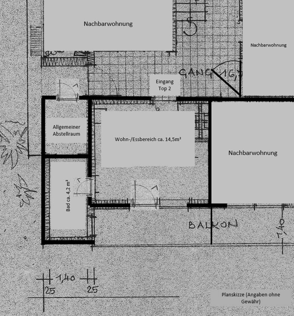 Planskizze Wohnung im EG mit 1 Zimmer, 1 Bad und 1 Balkon