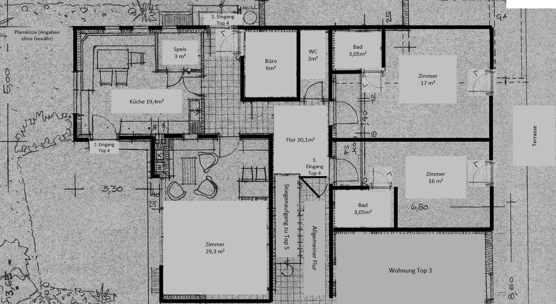 Planskizze Wohnung EG mit 5 Zimmern, 2 Bädern und Terrassenfläche