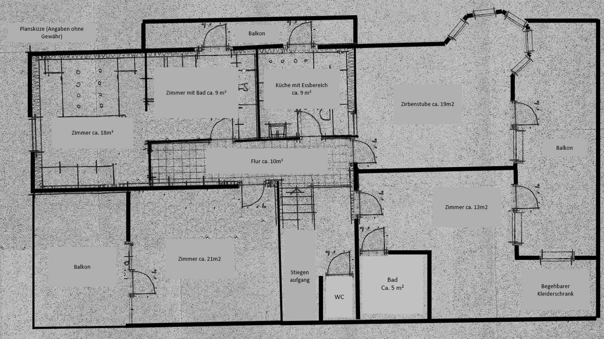 Planskizze Wohnung im 1.OG mit 4 Zimmern, 2 Bädern und 2 Balkonen