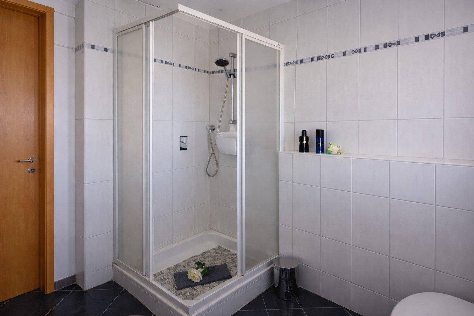 Badezimmer mit Duschkabine und weiß-blauen Fliesen, die ein sauberes und helles Ambiente schaffen.