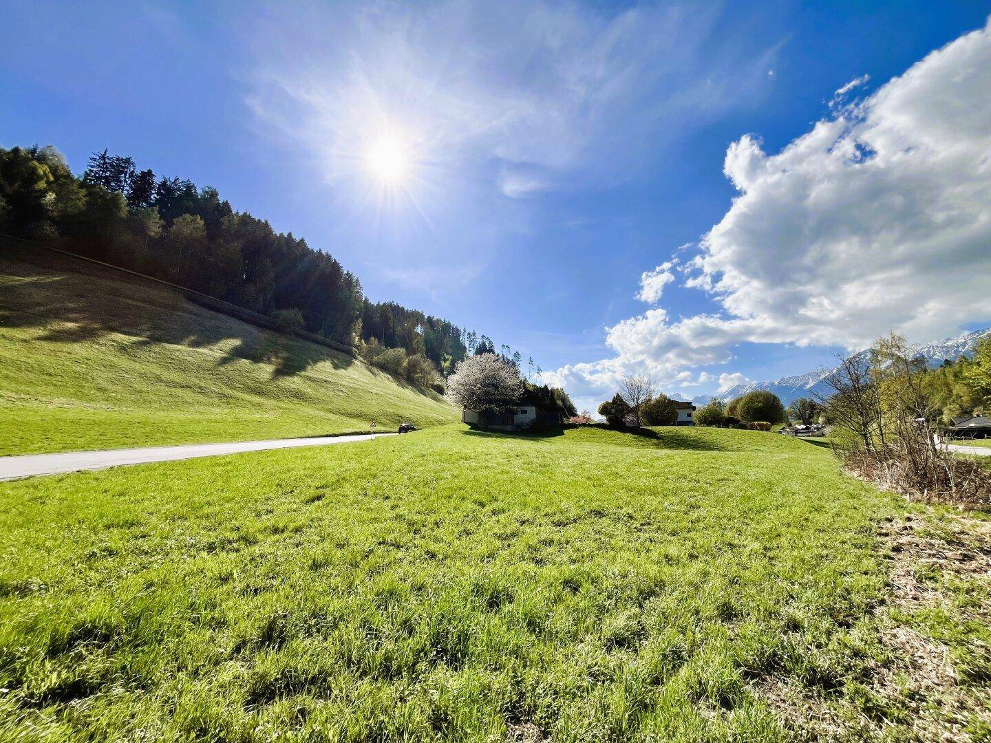 Weitläufige grüne Wiese unter strahlendem Sonnenschein mit bewaldeten Hügeln und Bergen im Hintergrund.
