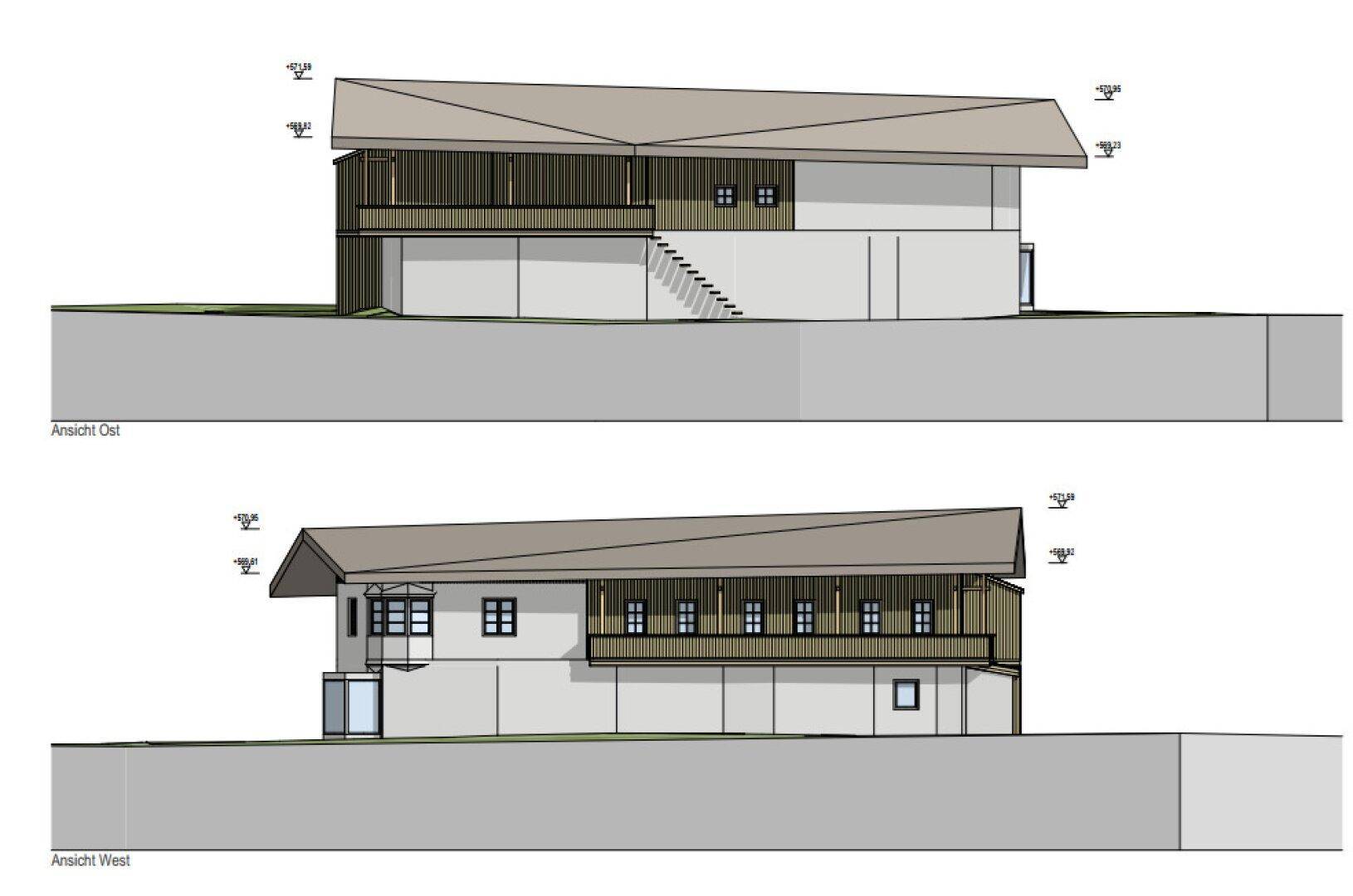 Architektonische Ansichten des Gebäudes von Ost und West mit Balkonen und Außentreppe.