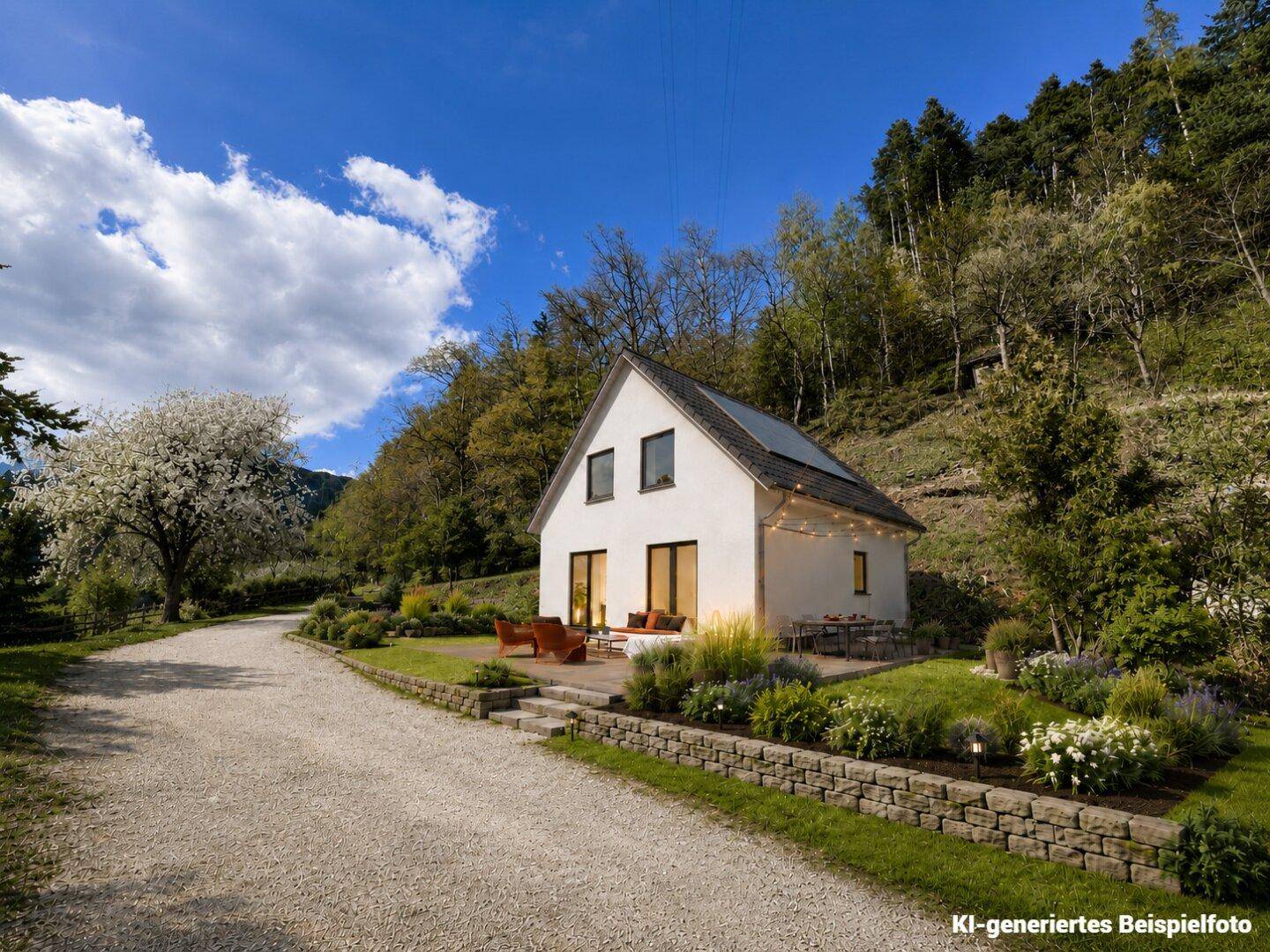 Modernes Einfamilienhaus mit weißer Fassade, Solarpaneelen und gepflegtem Garten in ländlicher Umgebung.