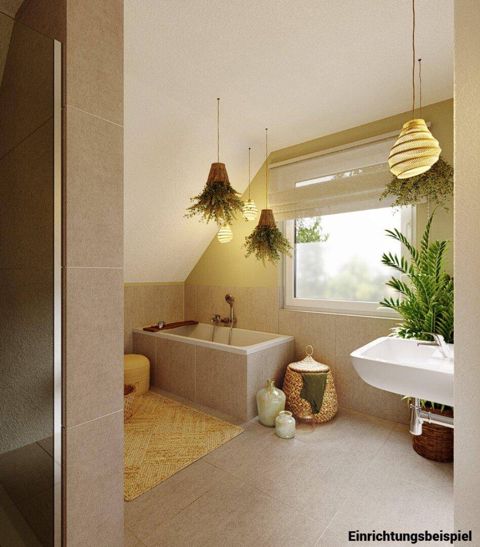 Modernes Badezimmer mit Badewanne, Waschbecken und Fenster im Dachgeschoss.