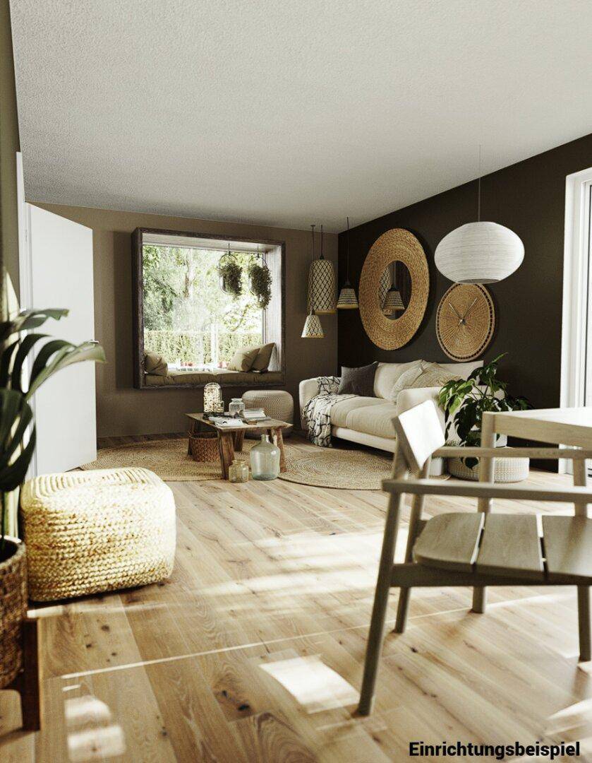 Helles Wohnzimmer mit Holzboden, großen Fenstern und moderner, gemütlicher Einrichtung.