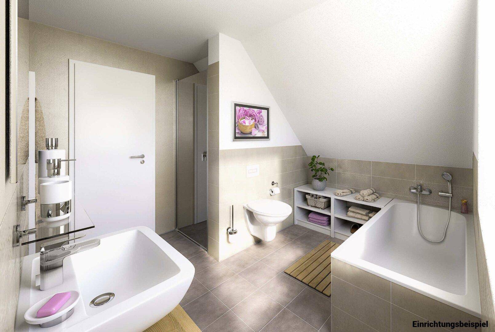 Helles Badezimmer mit Dusche, Badewanne und wandhängendem WC im Dachgeschoss.