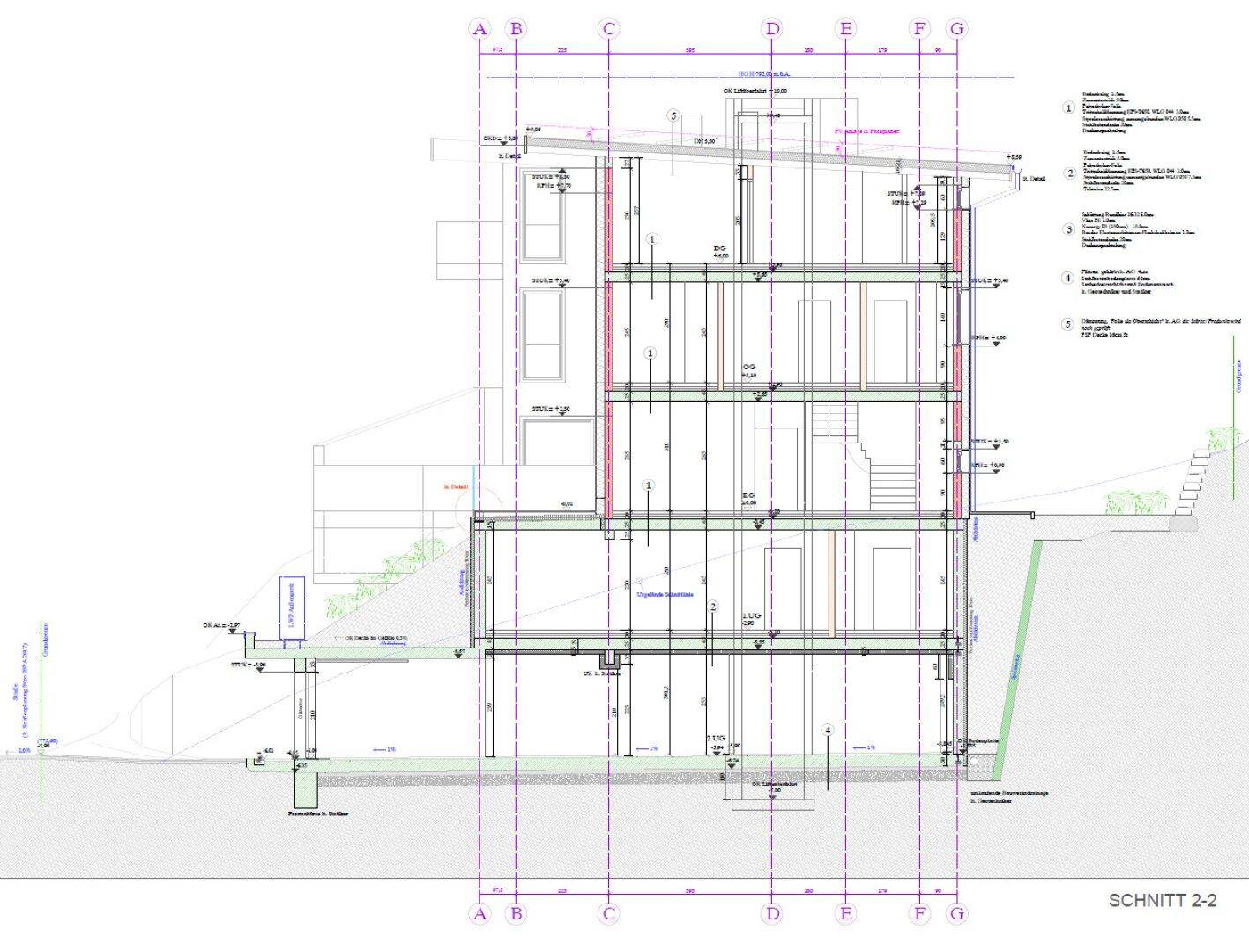 Architektonischer Schnitt 2-2 des Gebäudes, der die vertikale Anordnung der Räume darstellt.