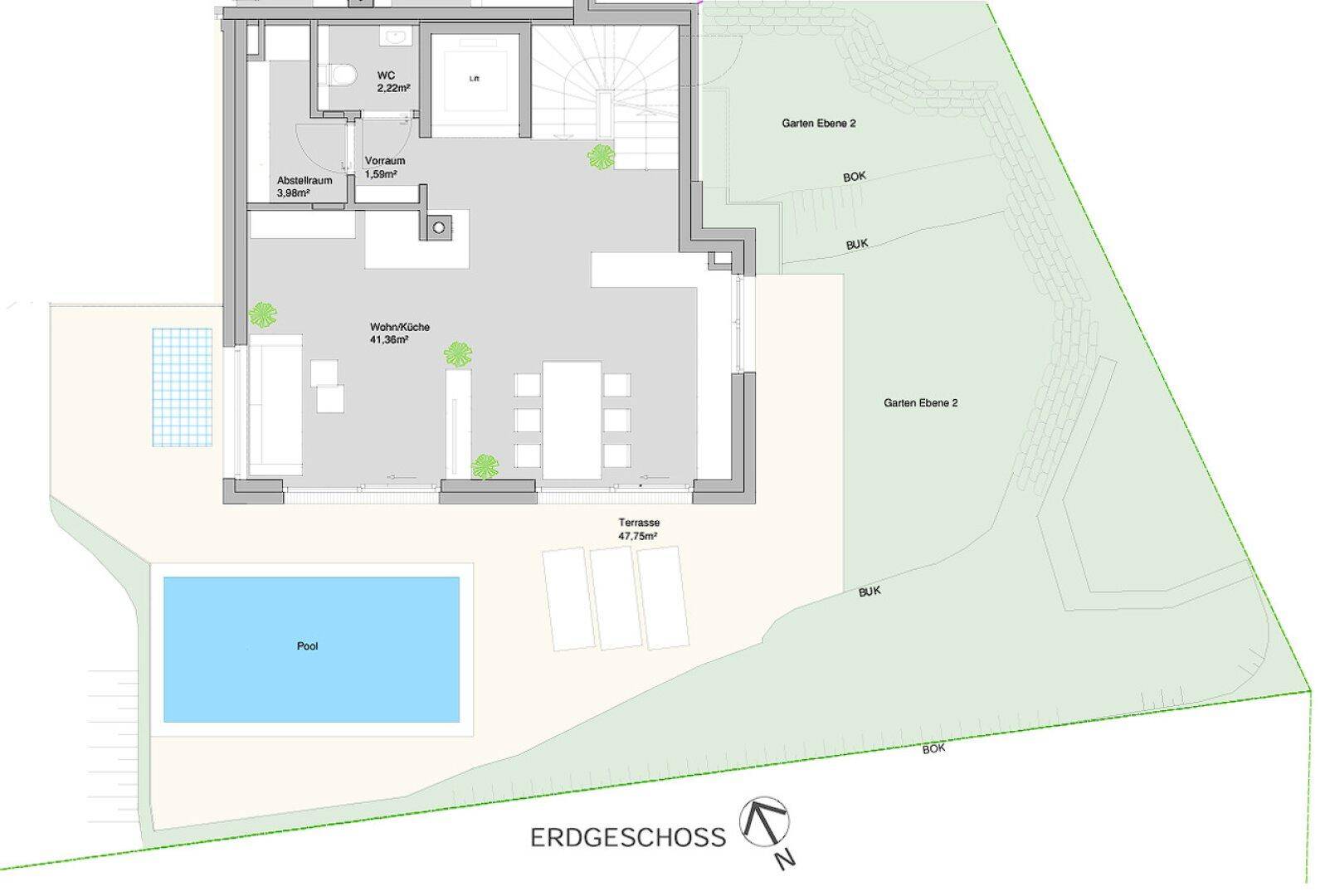 Grundriss des Erdgeschosses mit offener Wohnküche, Terrasse, Garten und Swimmingpool.