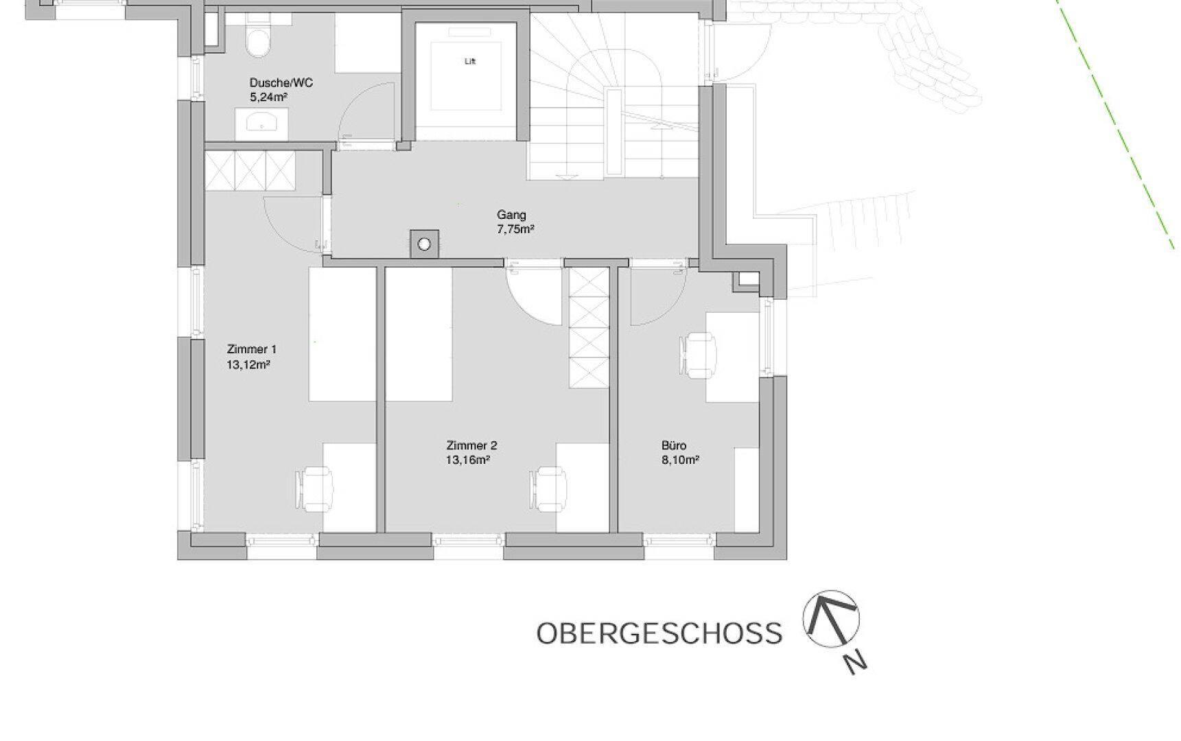 Grundriss des Obergeschosses mit zwei Schlafzimmern, Büro, Bad mit Dusche und Aufzug.