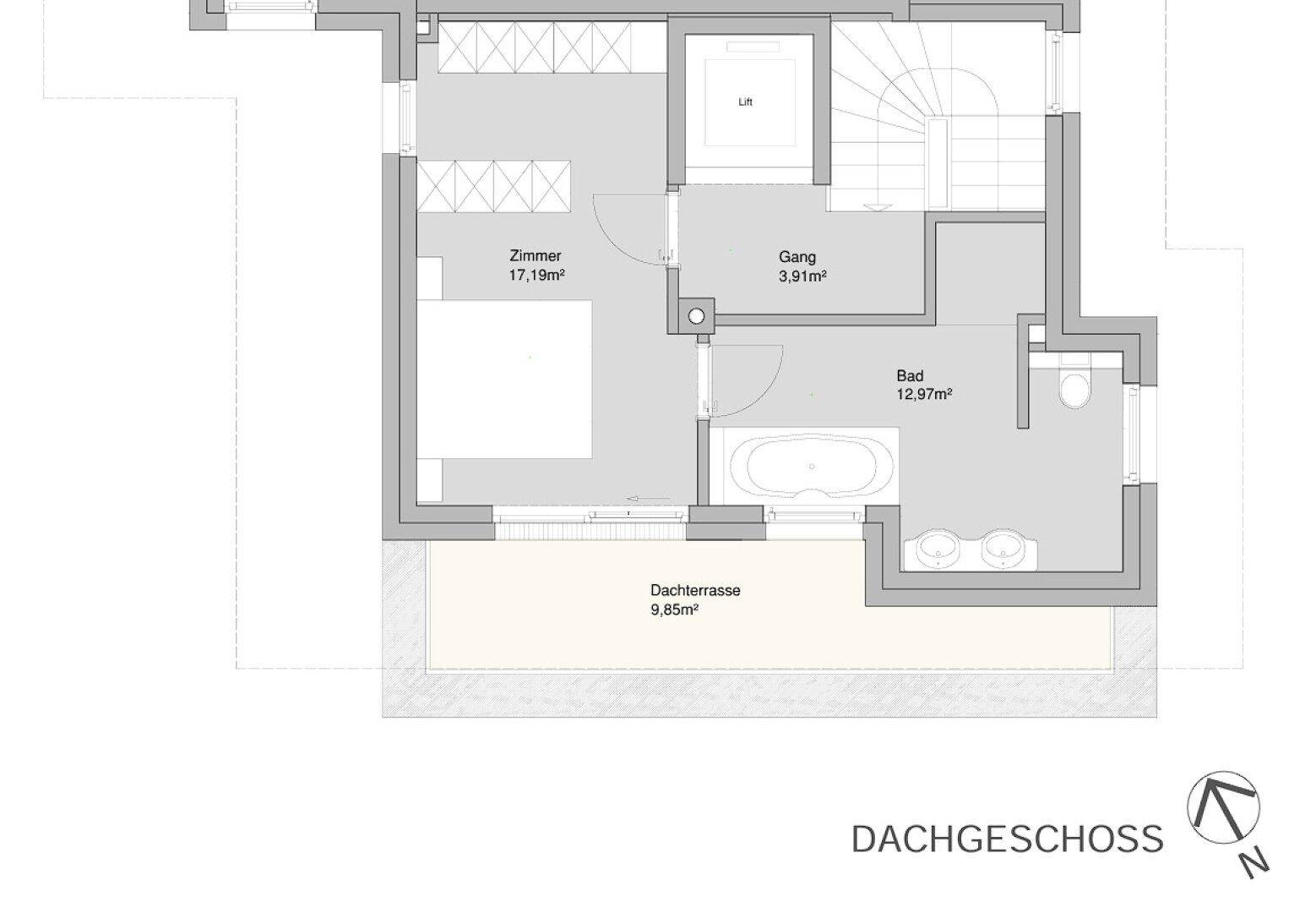 Grundriss des Dachgeschosses mit Schlafzimmer, großem Bad mit Badewanne und Dachterrasse.