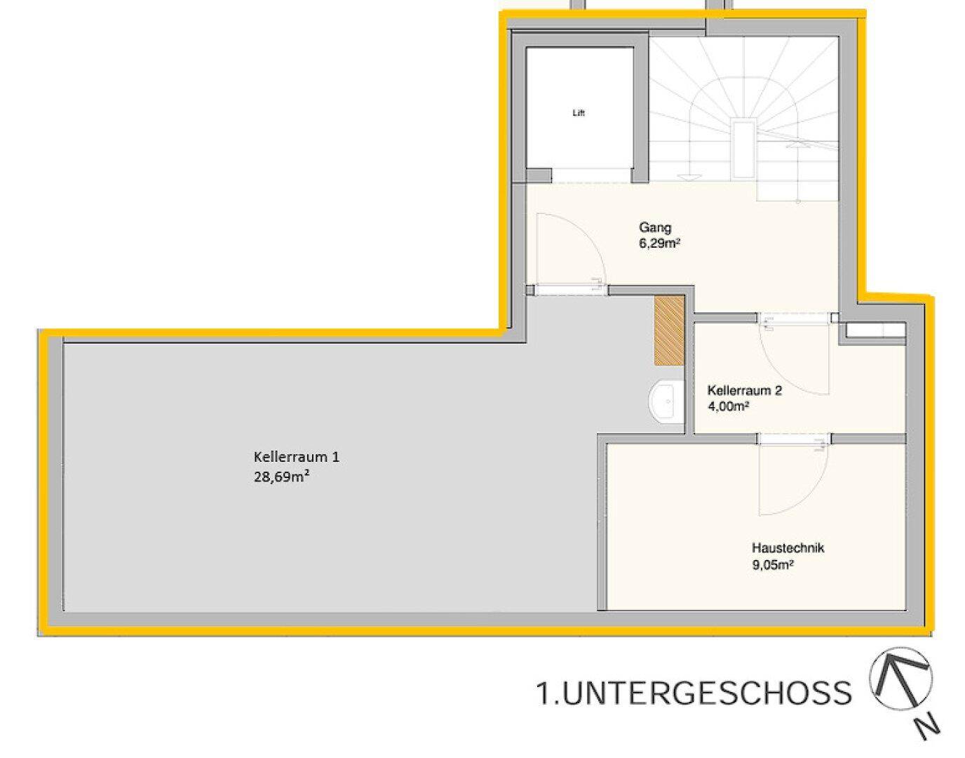 Grundriss des ersten Untergeschosses mit Kellerräumen, Haustechnik und Aufzug.