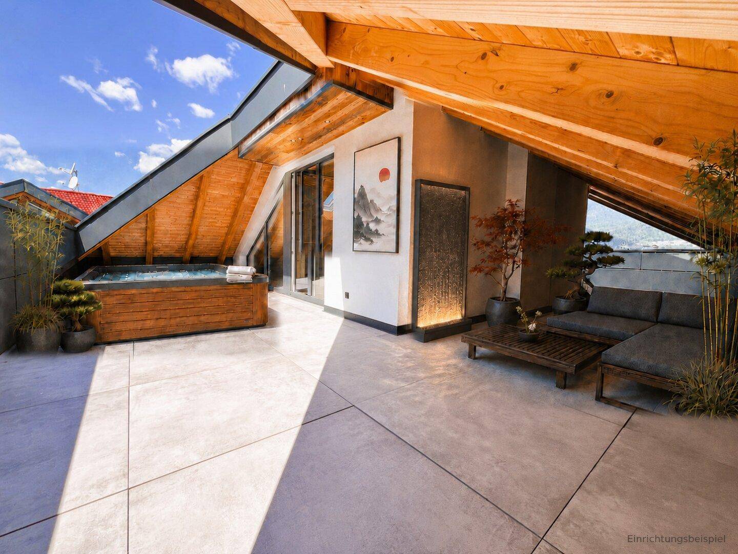 Geräumige Dachterrasse mit Whirlpool, gemütlicher Sitzecke und sichtbaren Holzbalken unter blauem Himmel.