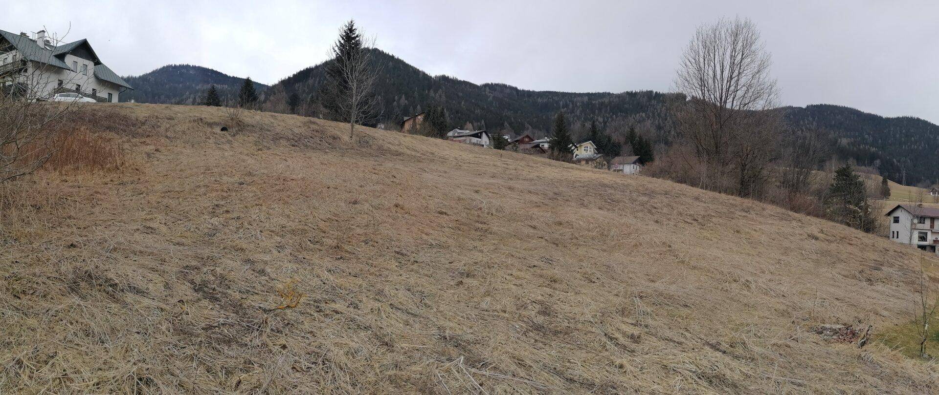 Weitläufiger trockener Grashang mit vereinzelten Bäumen und Häusern in der Ferne unter bewölktem Himmel.