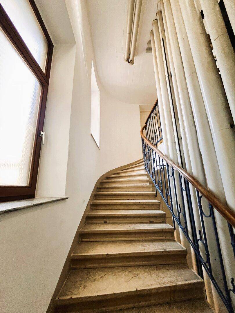 Elegante geschwungene Steintreppe mit kunstvollem Metallgeländer und Holzhandlauf, beleuchtet durch ein Fenster.
