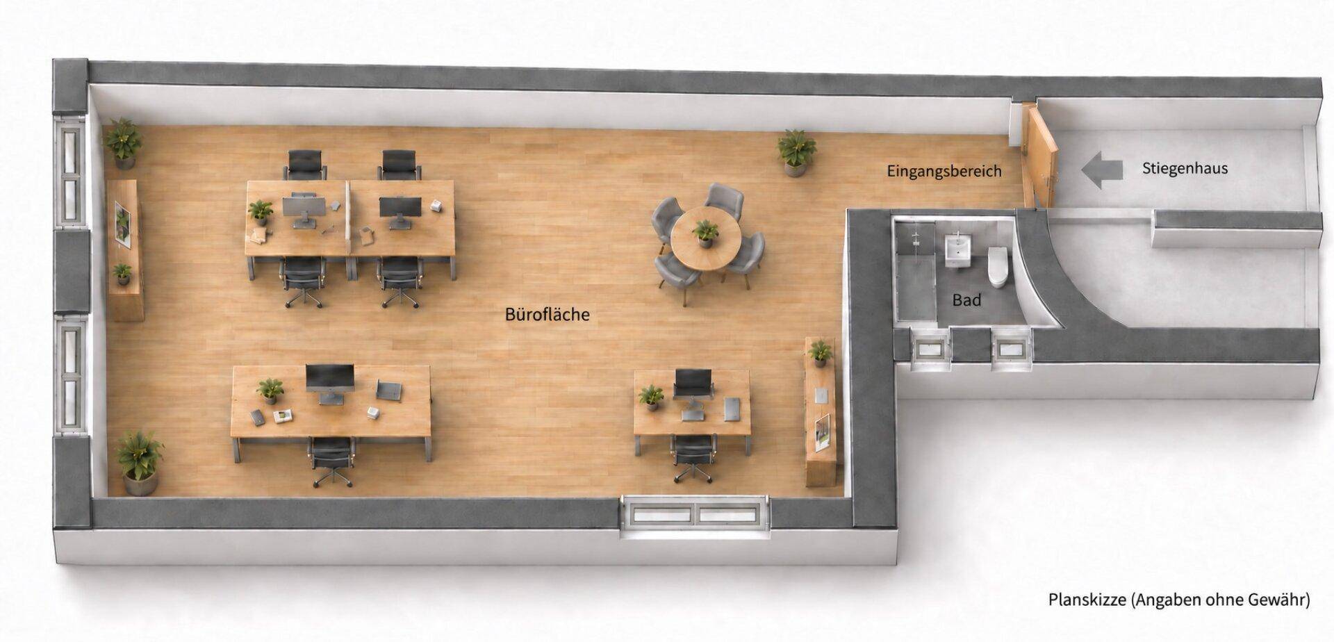 Grundriss einer Bürofläche mit offenem Arbeitsbereich, Besprechungsecke und separatem Badezimmer.