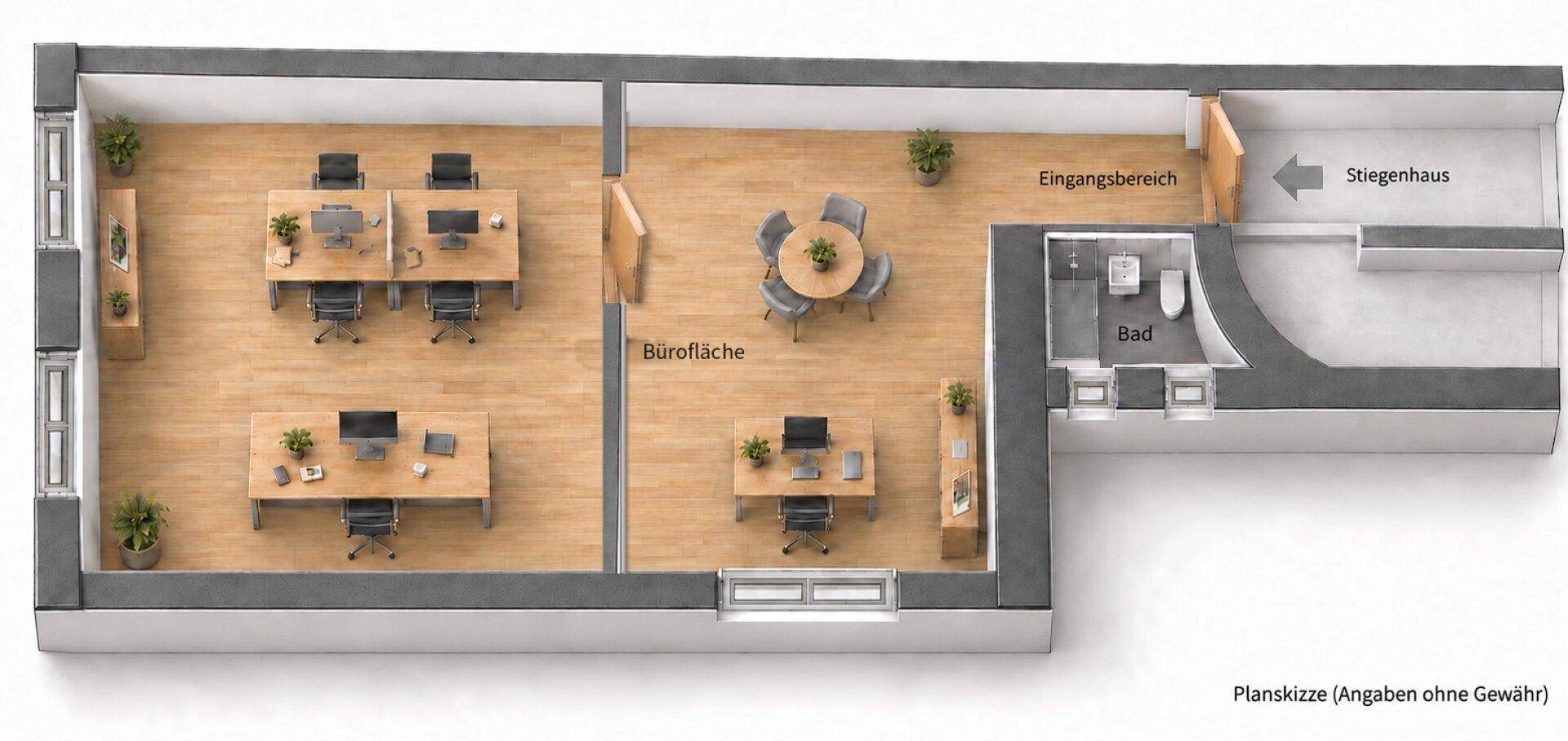 Detaillierte Planskizze eines Bürogeschosses mit mehreren Arbeitsbereichen, Besprechungszone und Sanitäranlagen.