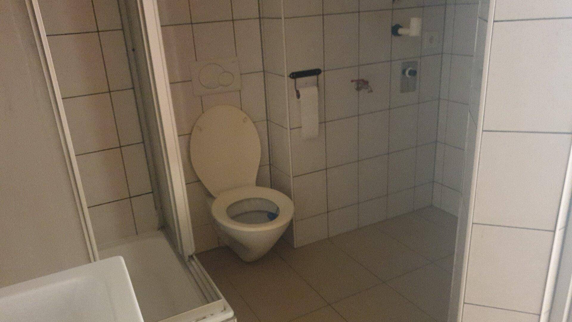 Badezimmer mit Toilette, Duschbereich und weißen Wand- und Bodenfliesen.