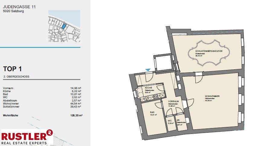 Grundriss der Wohnung Top 1 im 2. Obergeschoss mit Raumaufteilung und Flächenangaben.