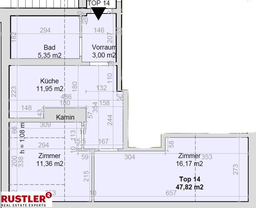 Grundriss der Wohnung Top 14 mit Küche, Bad, Vorraum und zwei Zimmern.