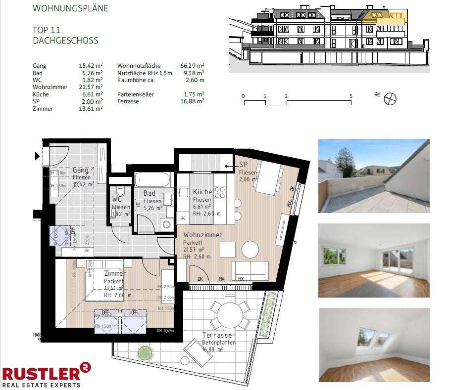 Grundriss und Ansicht eines modernen Dachgeschosses mit großer Terrasse und hellen Innenräumen.