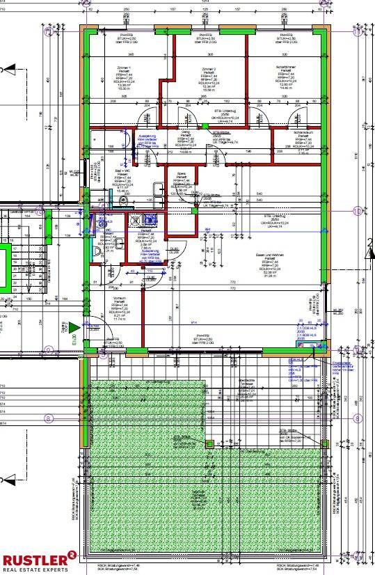 Detaillierter Grundrissplan einer Wohneinheit mit mehreren Zimmern und Außenbereichen.
