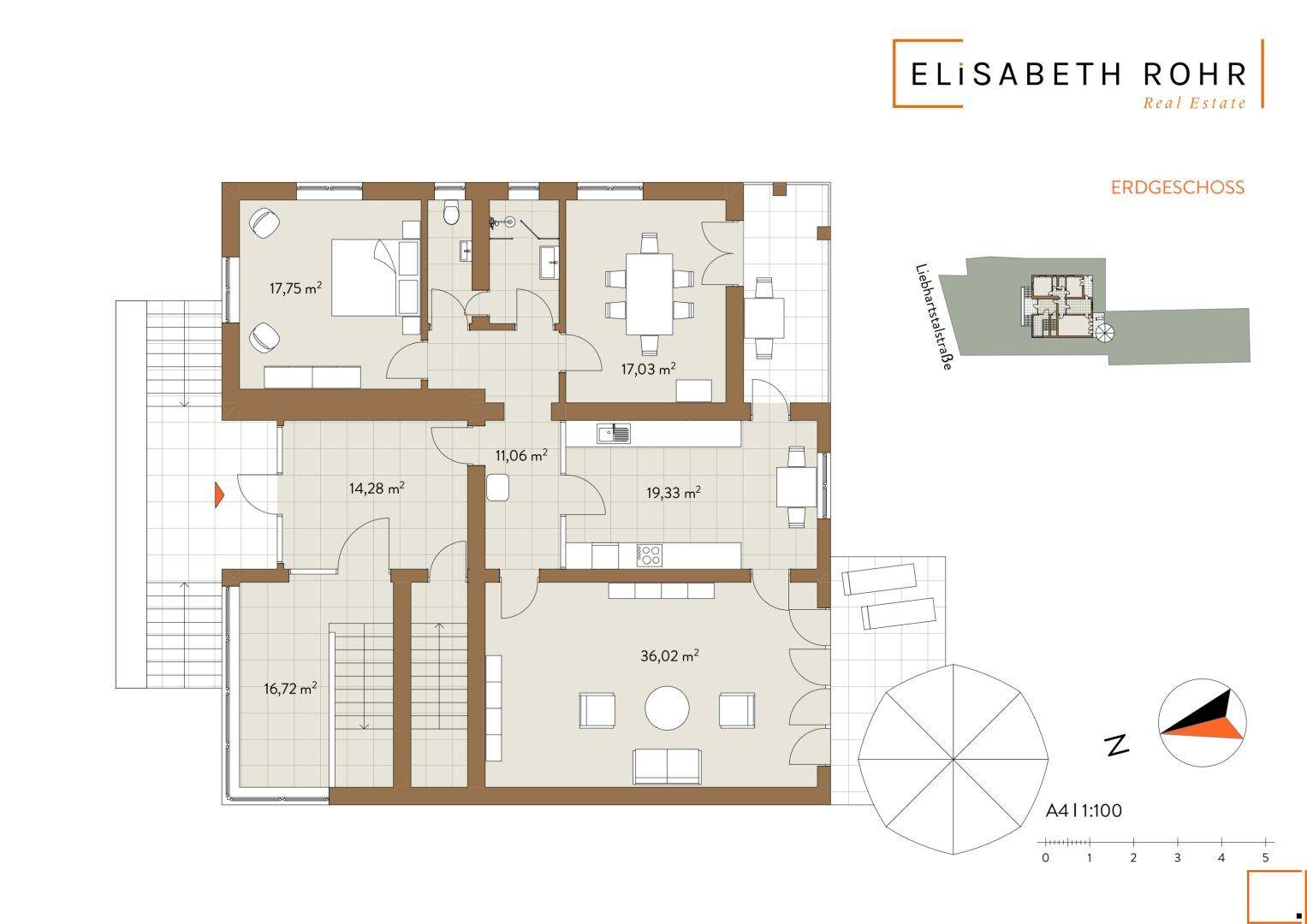 Grundriss des Erdgeschosses mit offenem Wohn- und Essbereich, Schlafzimmer und Zugang zu Terrasse und Garten.
