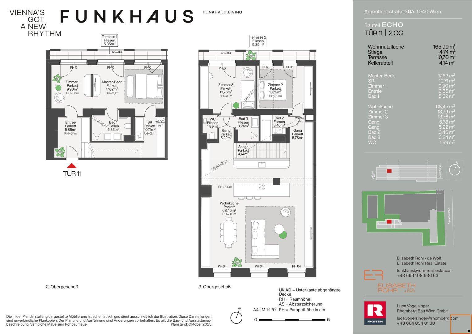 Detaillierter Grundriss einer Maisonette-Wohnung mit zwei Etagen und Terrassen.