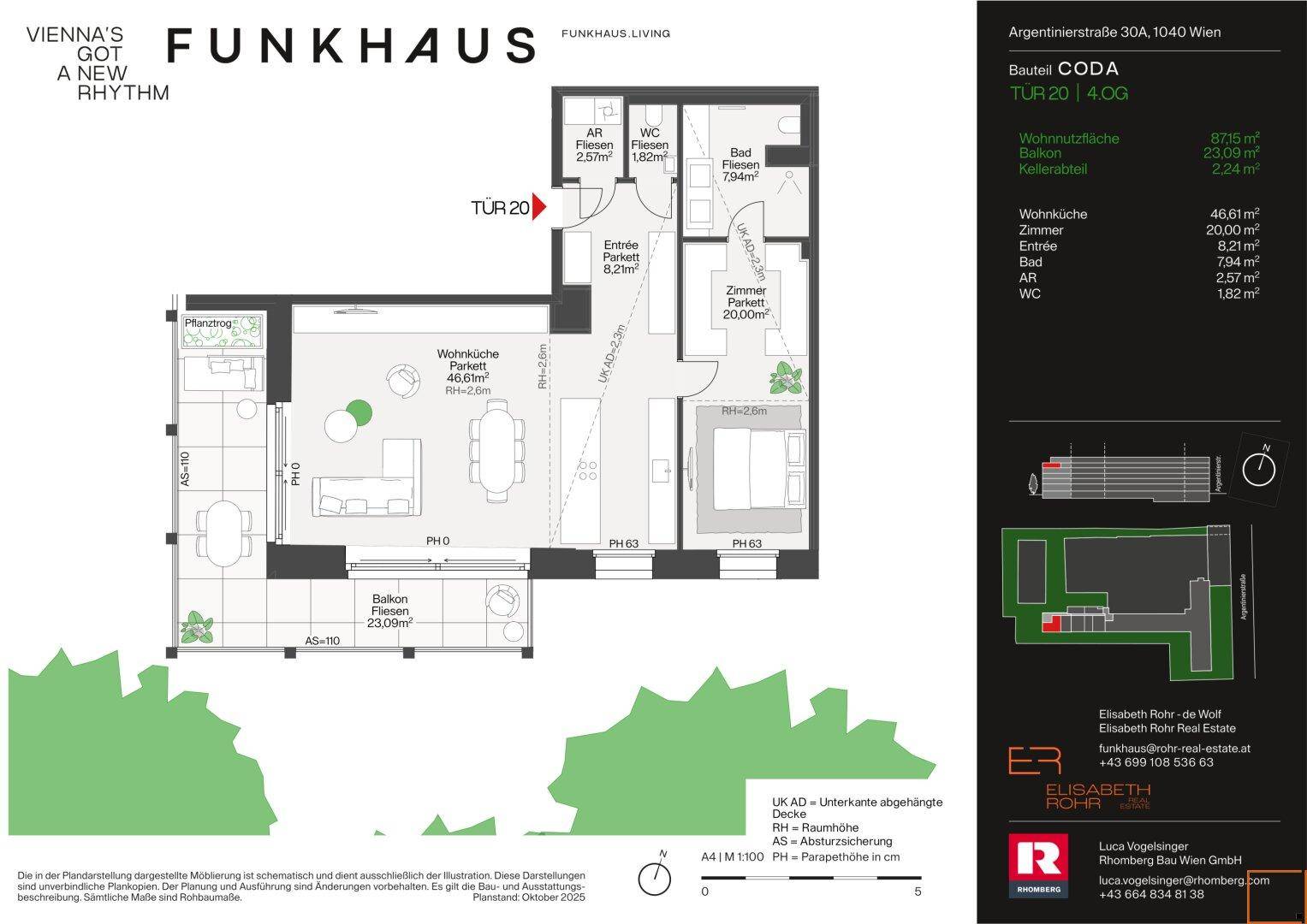 Grundriss der Wohnung TUR 20 mit offenem Wohnbereich, Balkon und separatem WC.