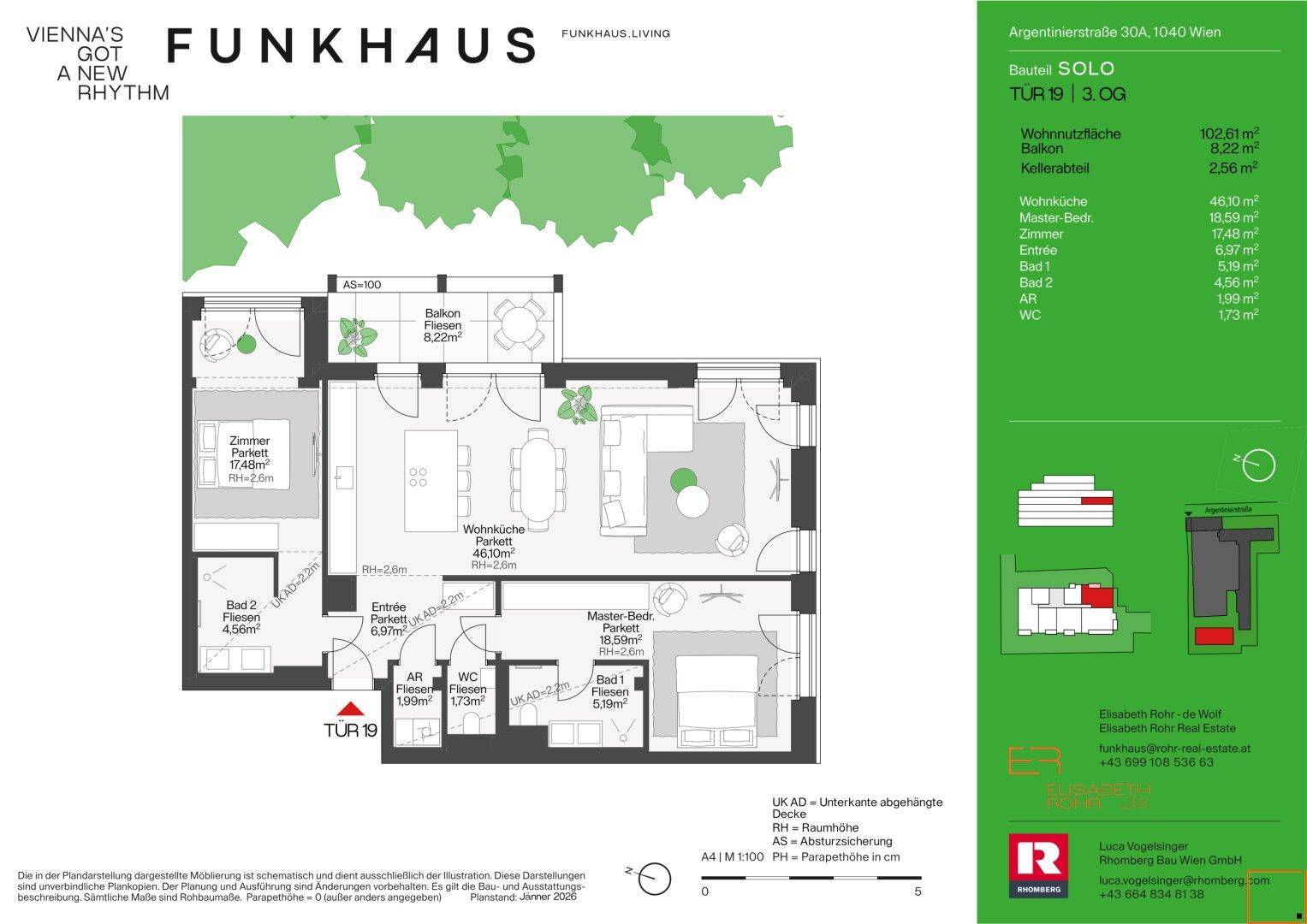 Detaillierter Grundriss einer Dreizimmerwohnung mit offenem Wohnbereich und Balkon.