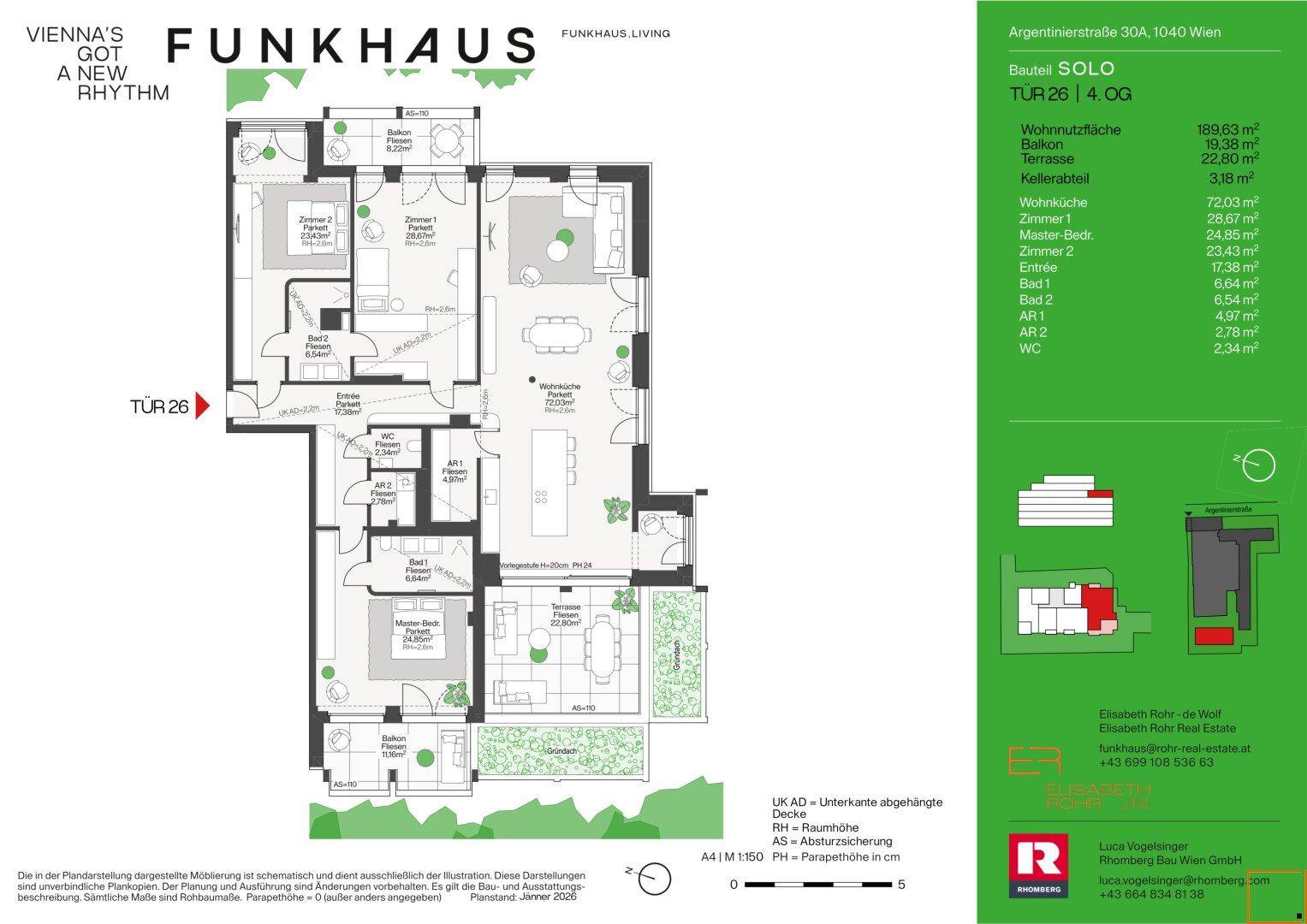 Detaillierter Grundriss einer Wohnung mit mehreren Zimmern, Balkonen und Terrassen.