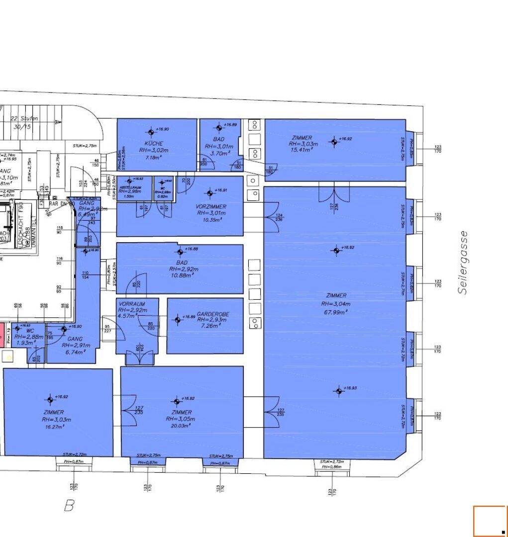 Detaillierter Grundriss einer Etage mit verschiedenen Zimmern und der Selzergasse.
