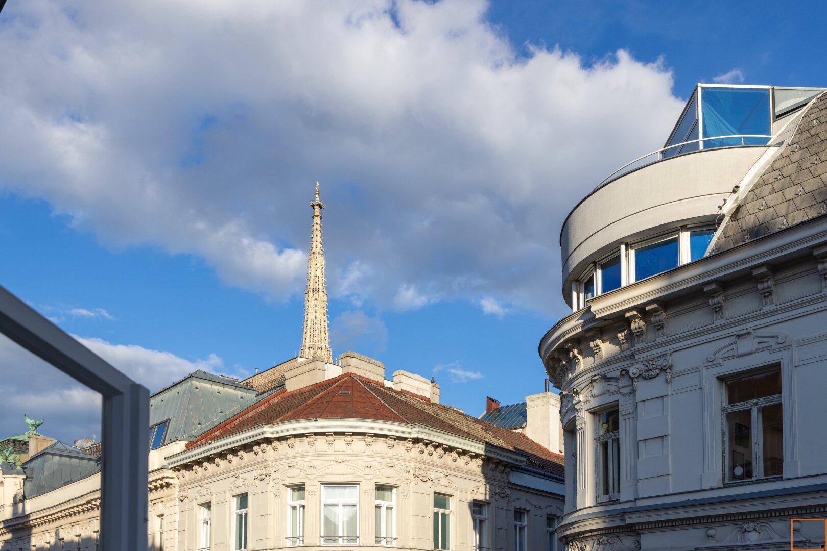 Blick über die Dächer der Stadt mit historischer Kirchturmspitze und modernem Dachaufbau.