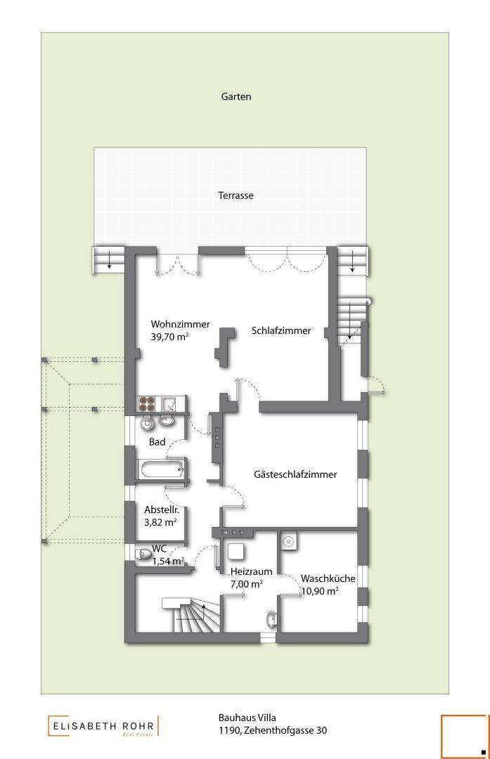 Grundriss des Erdgeschosses mit Wohnzimmer, Schlafzimmern, Bad, separatem WC, Terrasse und Garten.