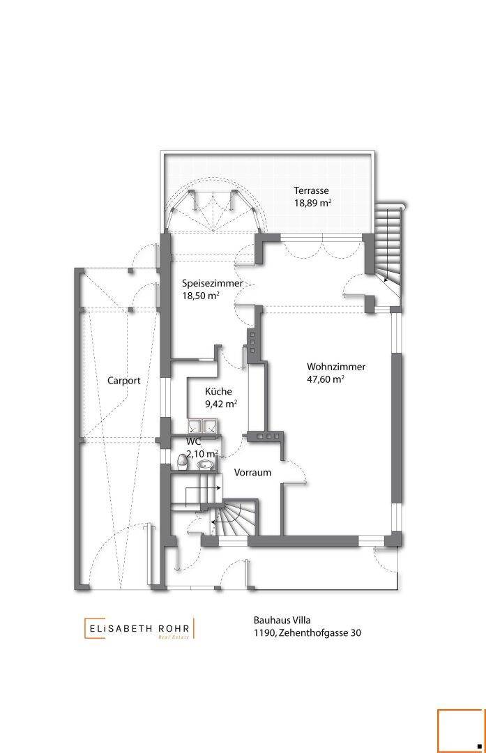 Grundriss mit großem Wohnzimmer, separatem Esszimmer, Küche, WC, Carport und Terrasse.