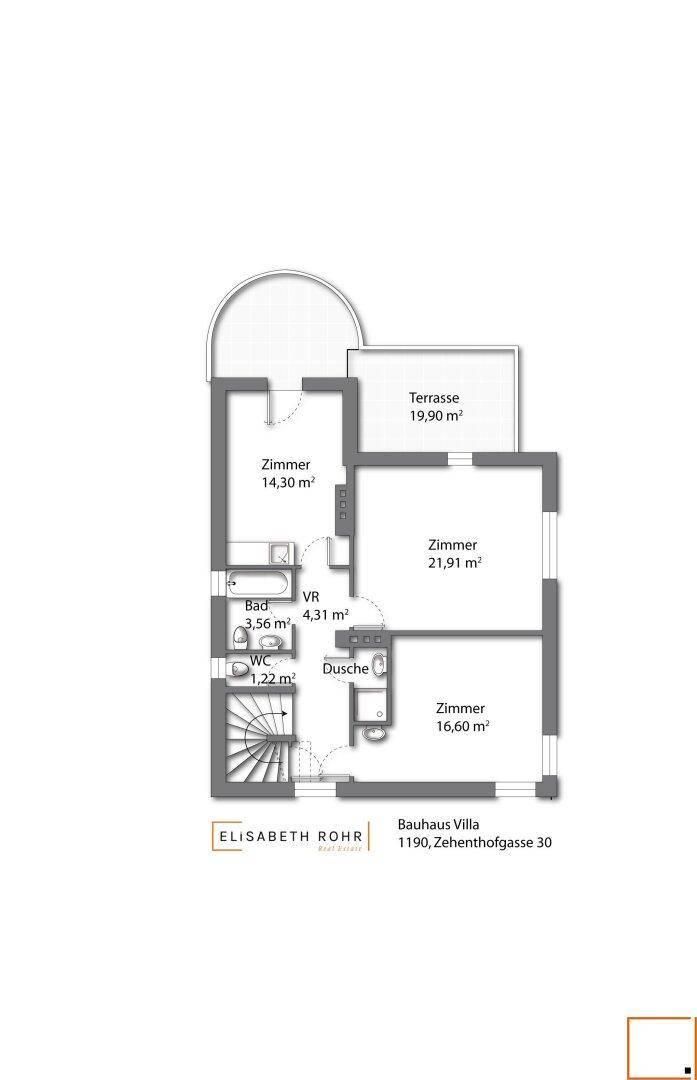 Grundriss des Obergeschosses mit mehreren Zimmern, Bad mit Dusche, separatem WC und großer Terrasse.