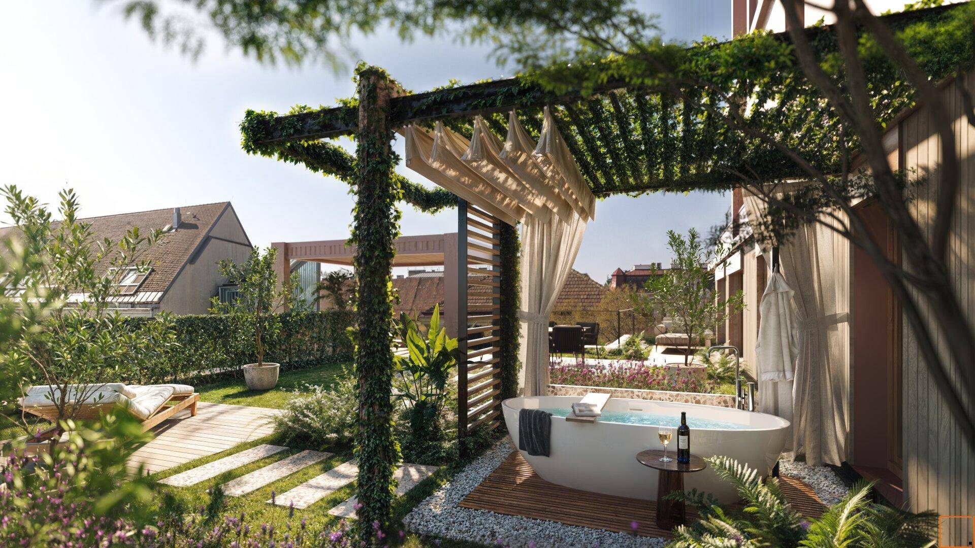 Idyllischer Gartenbereich mit freistehender Badewanne unter einer begrünten Pergola und Liegeflächen.