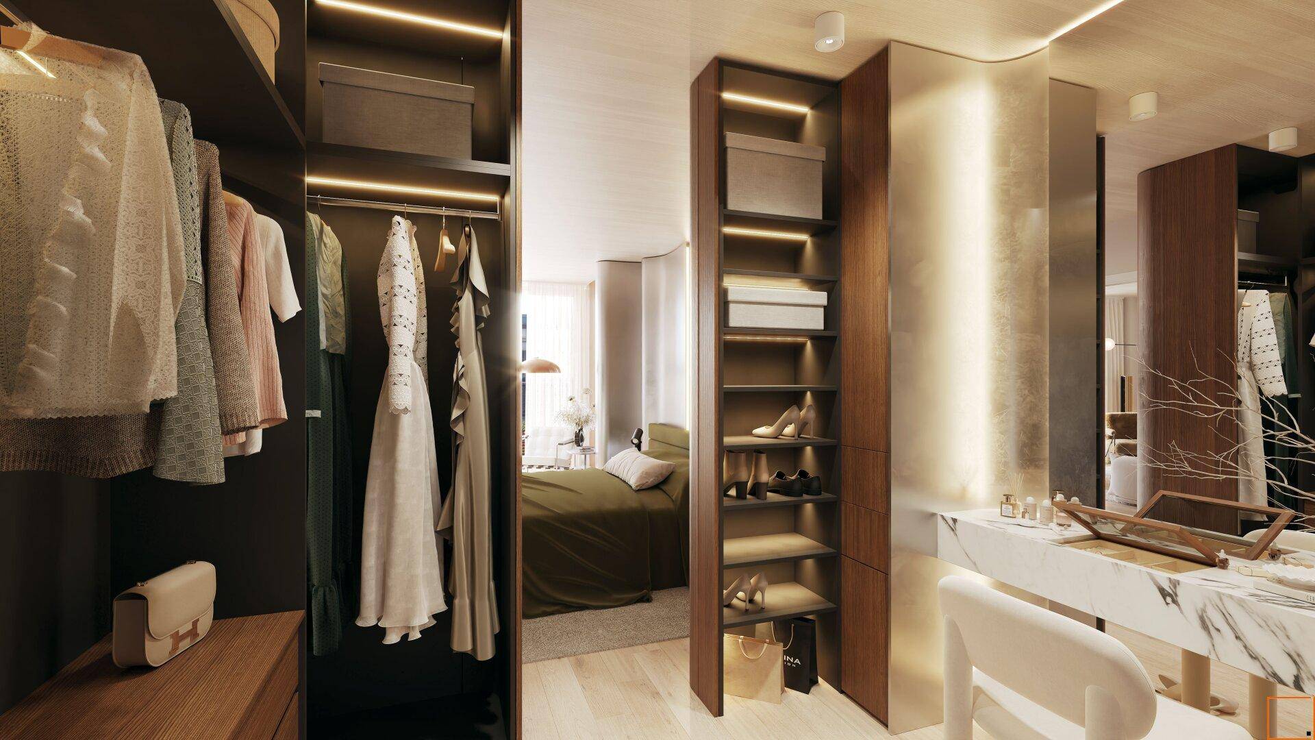 Begehbarer Kleiderschrank mit integrierten Regalen und Blick auf das angrenzende Schlafzimmer.