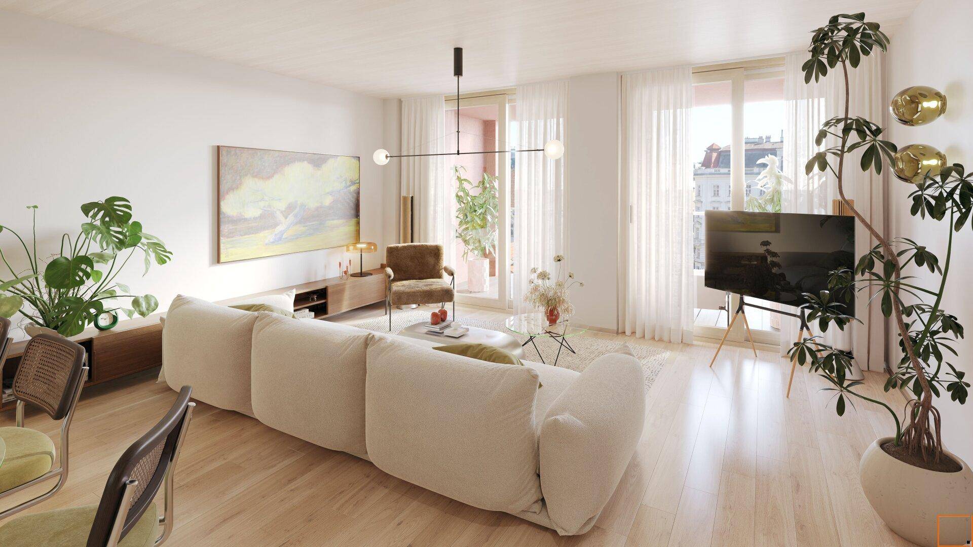 Geräumiges Wohnzimmer mit heller Einrichtung, Holzboden und Zugang zu einem Balkon.
