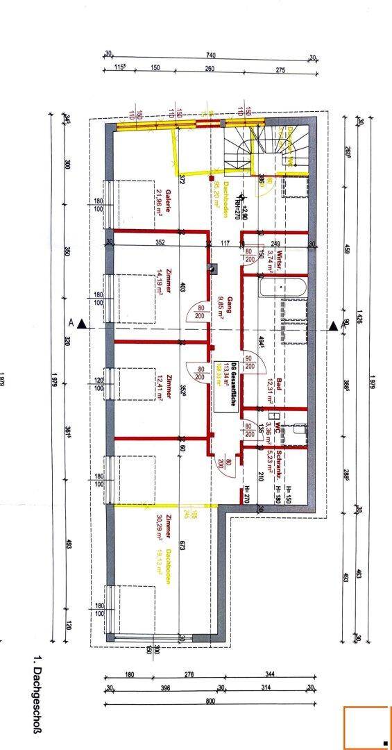 Grundriss des Dachgeschosses mit Zimmern, Bad und Treppenaufgang.