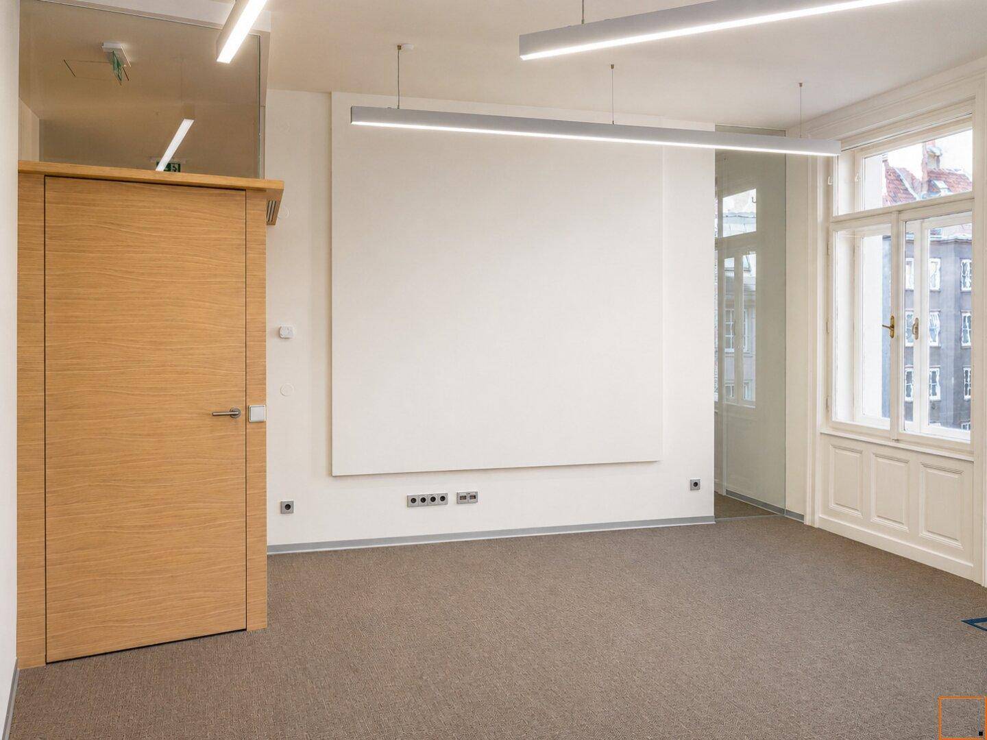 Heller Büroraum mit Teppichboden, Holztür und großen Fenstern, die viel Tageslicht bieten.