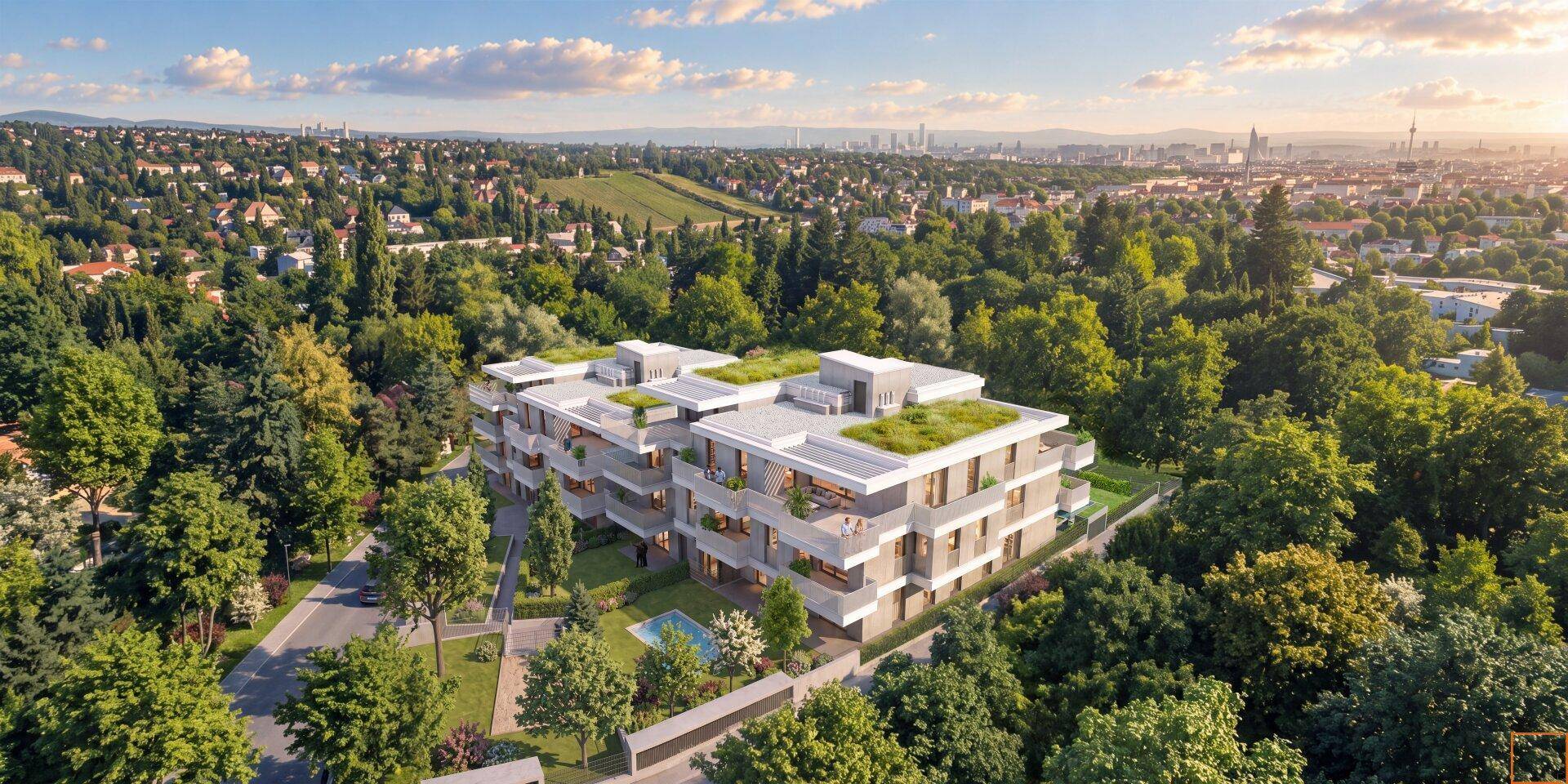 Moderne Wohnanlage mit begrünten Dächern und Balkonen, eingebettet in eine grüne Landschaft.