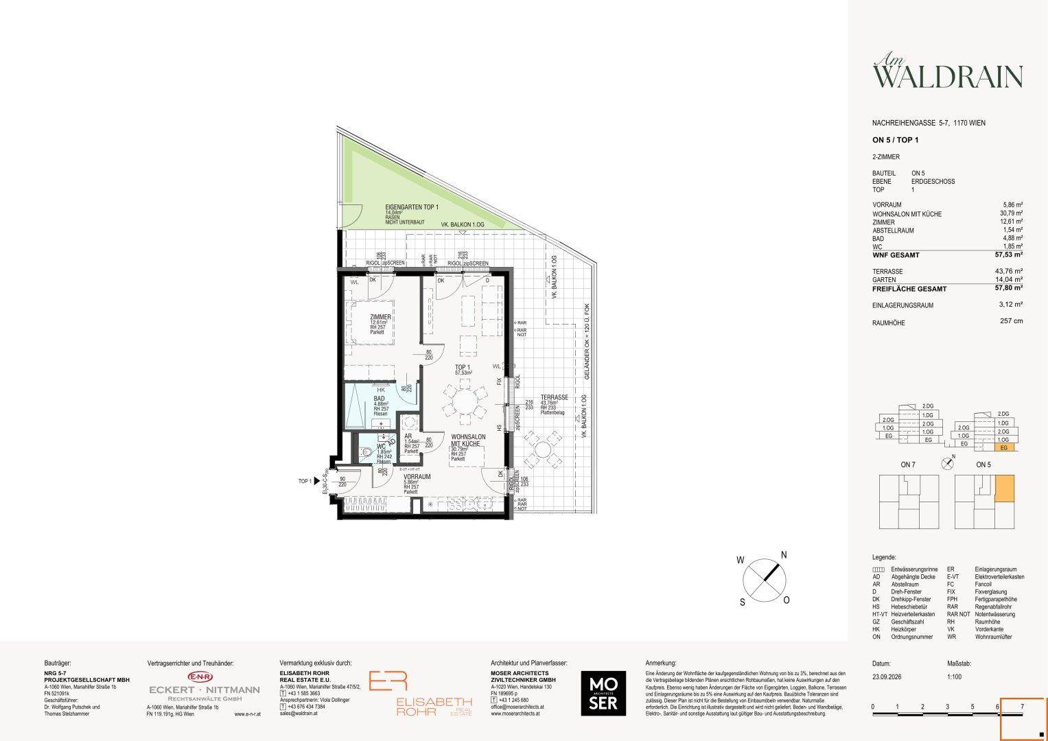 Detaillierter Grundriss einer Wohnung mit Terrasse und Gartenanteil, inklusive Raumaufteilung.