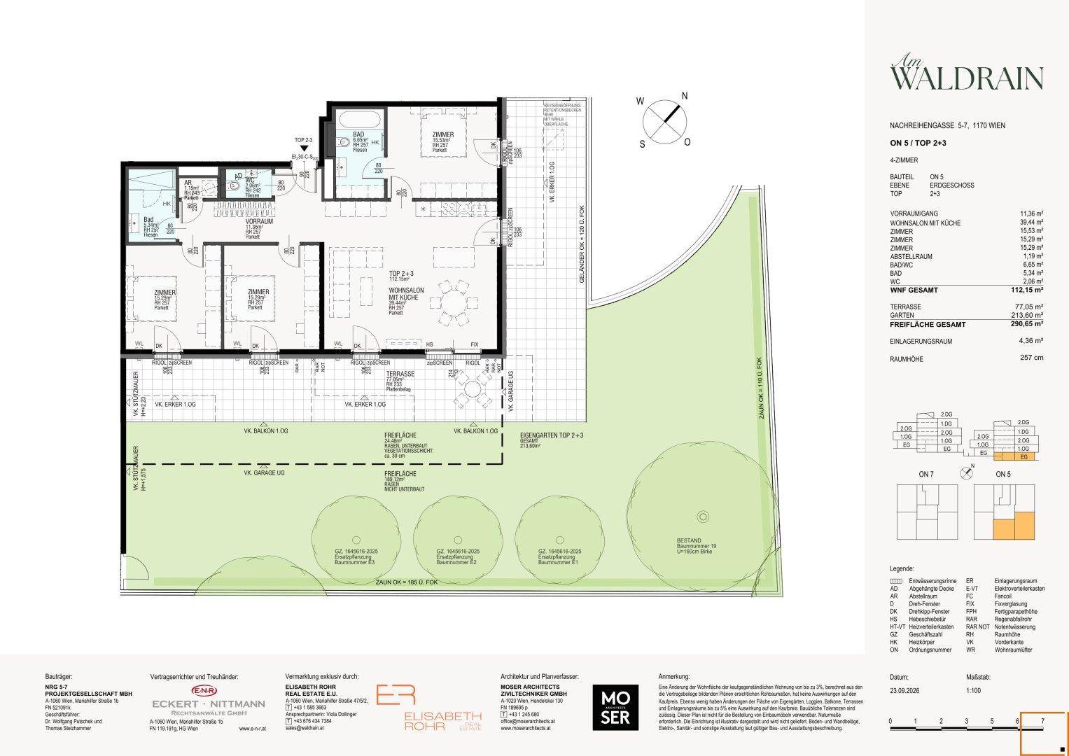 Detaillierter Grundriss einer Wohnung mit mehreren Zimmern, großer Terrasse und eigenem Gartenbereich.