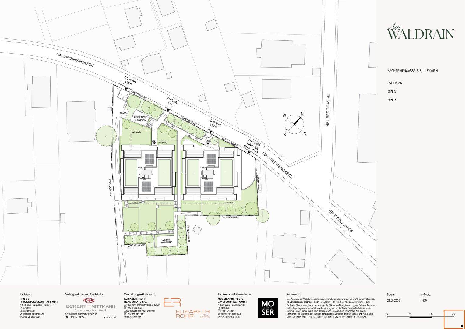 Lageplan der Wohnanlage mit zwei Gebäuden, Gärten und Zugangswegen.