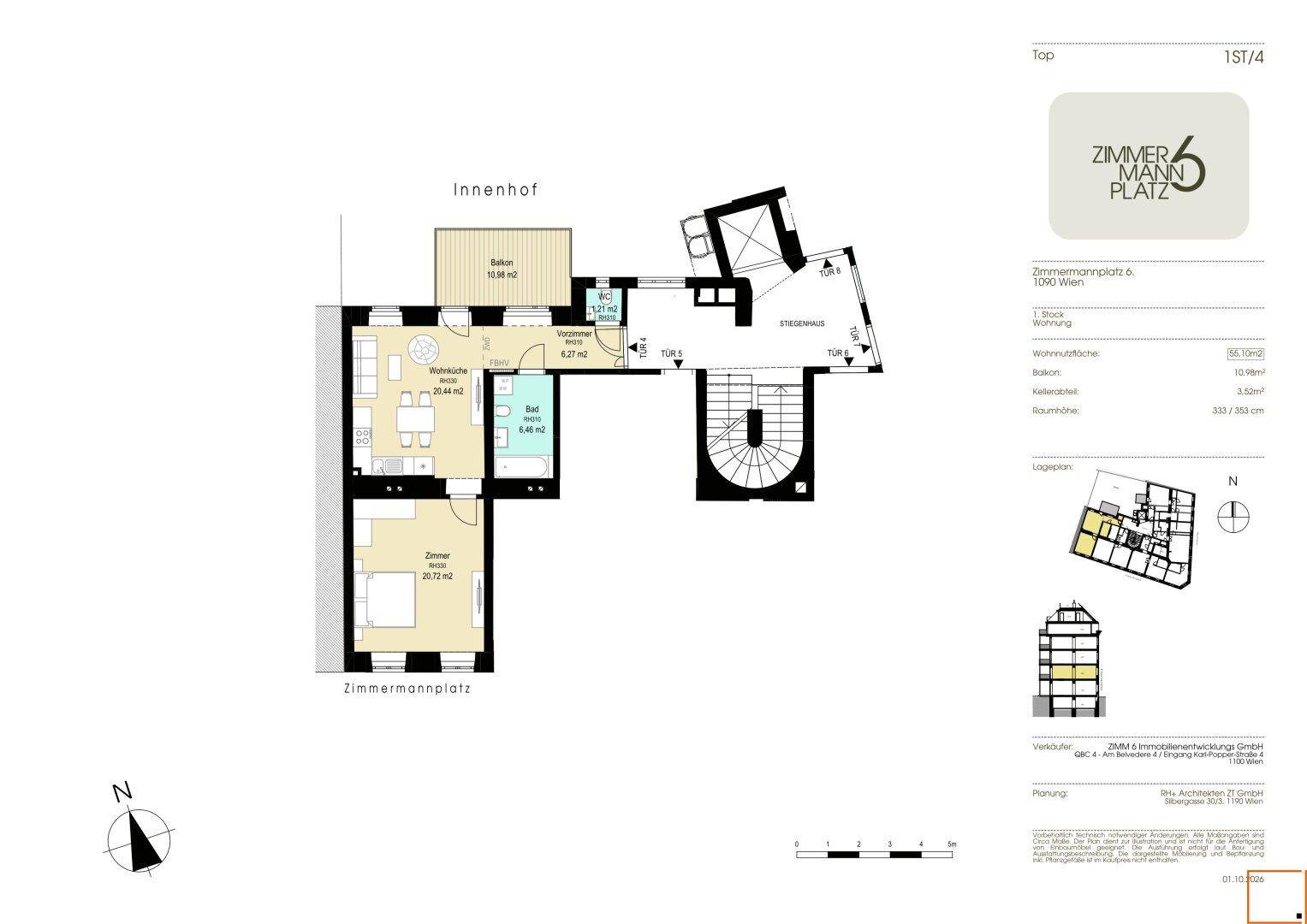 Grundriss der Wohnung Top 1St/4 mit offenem Wohnbereich, Schlafzimmer, Bad und Balkon.