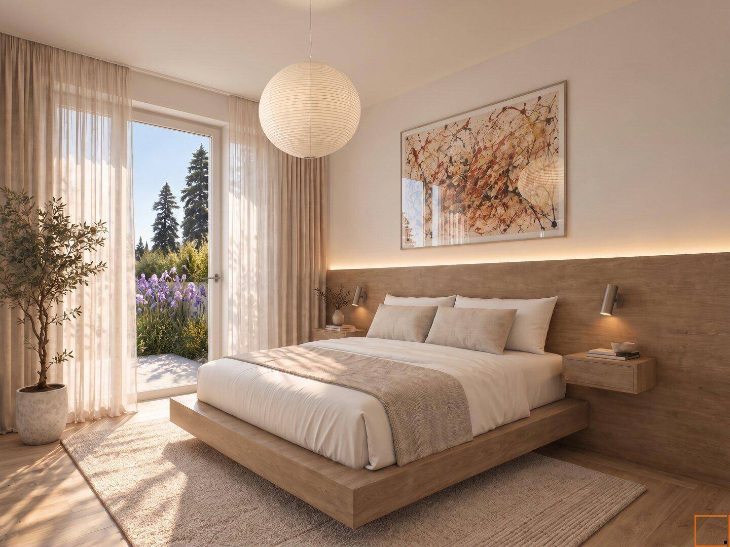 Modernes Schlafzimmer mit Holzbett, indirekter Beleuchtung und Zugang zum Garten.