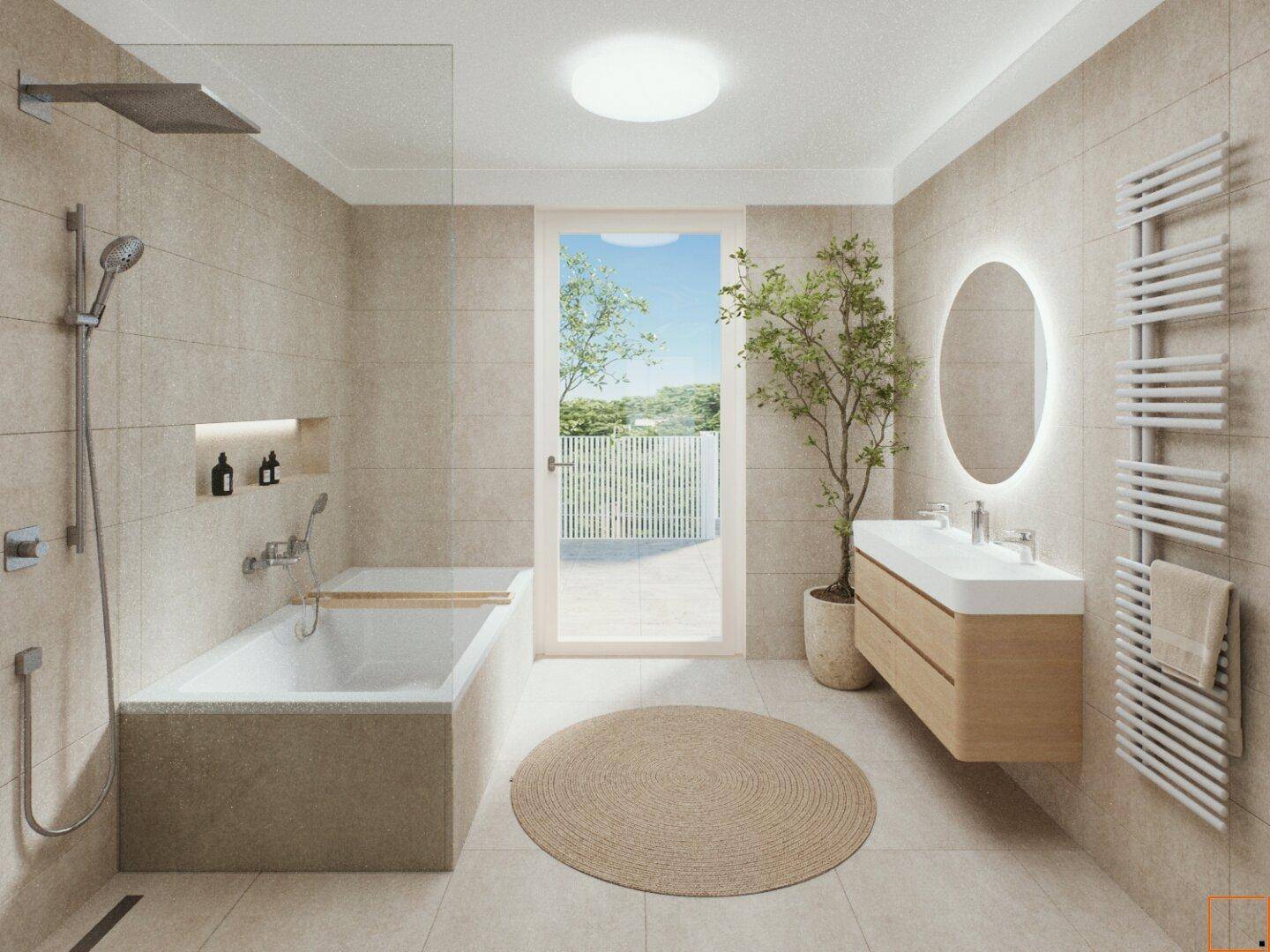 Modernes Badezimmer mit beigen Fliesen, Badewanne, begehbarer Dusche und direktem Zugang ins Freie.