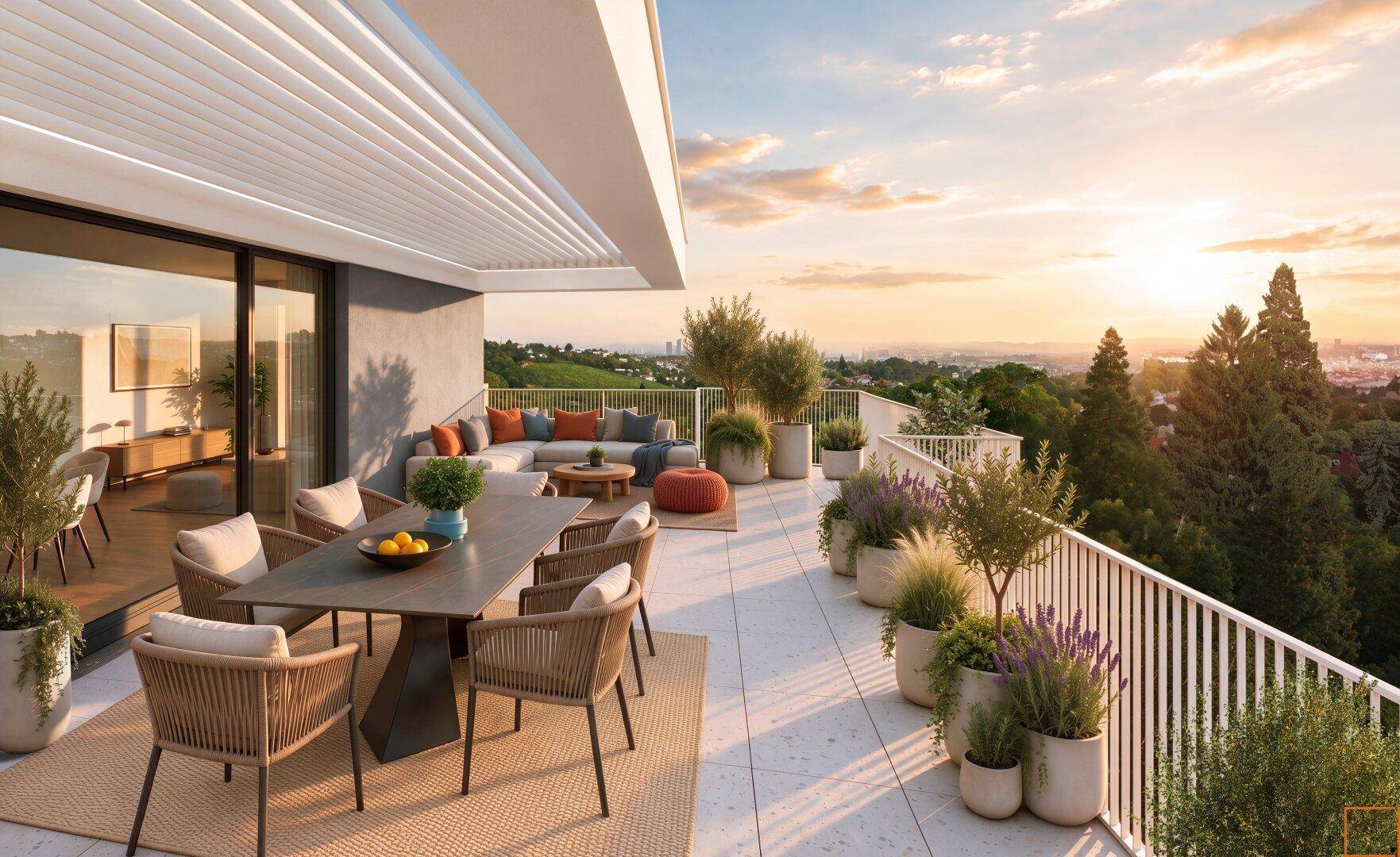 Große Dachterrasse mit Essbereich, Lounge-Möbeln und weitem Blick über die Stadt bei Sonnenuntergang.